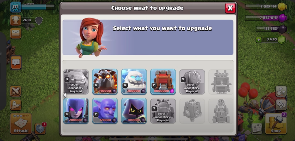 various characters, prompting the user to choose which character to upgrade