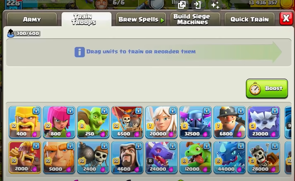 Clash of Clans displaying the 'Train Troops' tabs