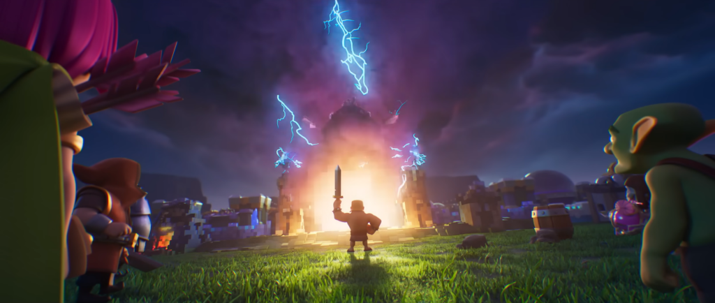 a character with a sword in front of lightning