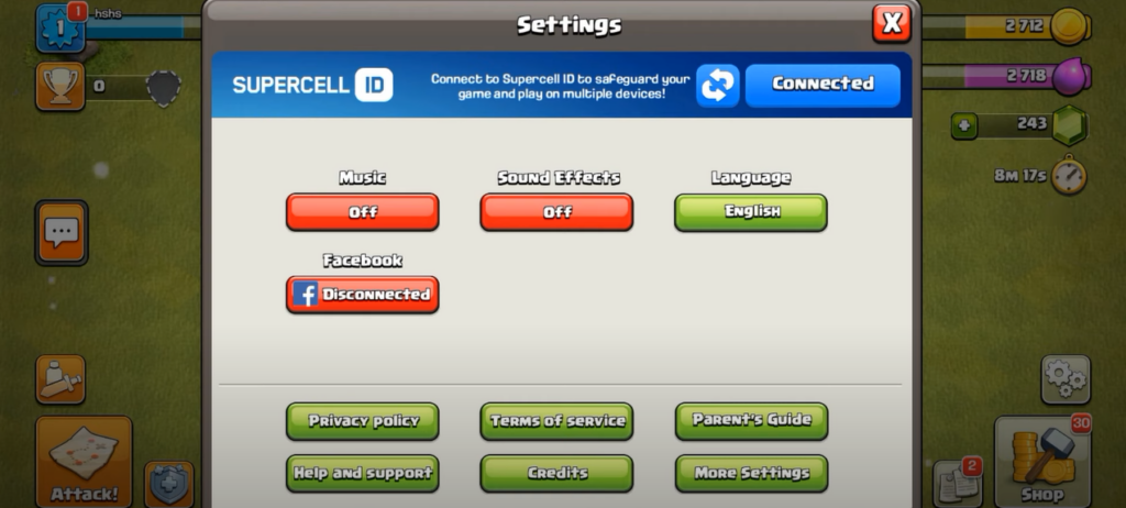 the Clash of Clans game interface with visible settings tabs