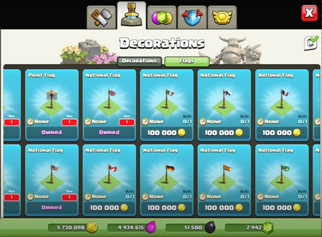 the Decorations section with different national flags in Clash of Clans