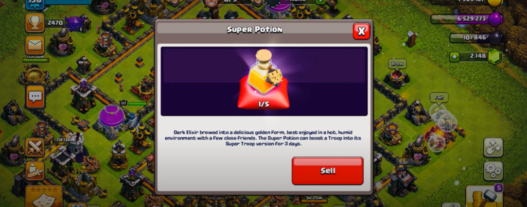 Clash of Clans game displaying a prompt for Super Potion