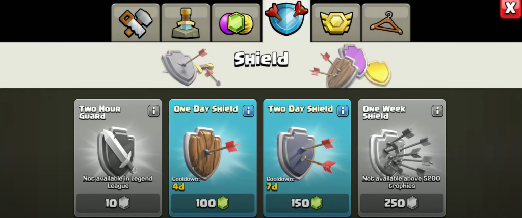 Clash of Clans displaying the 'Shield' tabs