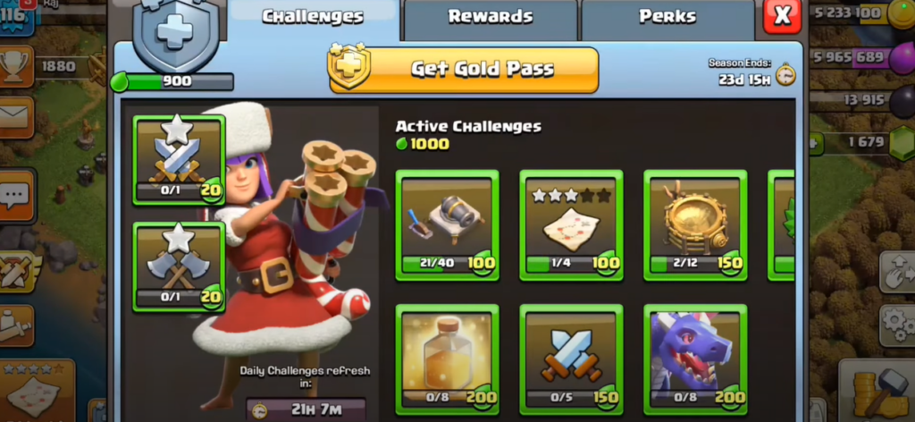 Clash of Clans game displaying the Challenges tab