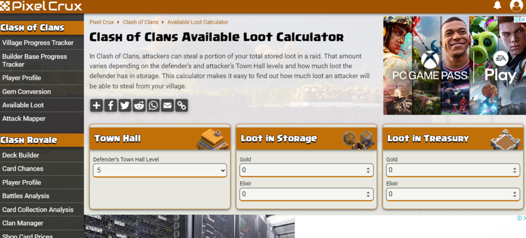 a calculator for calculating the amount of loot in Clash of Clans