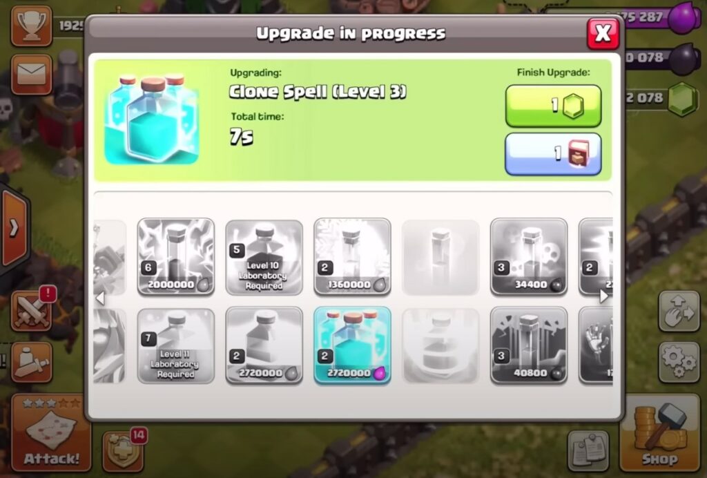Clone Spell menu showing the upgrade process in Clash of Clans