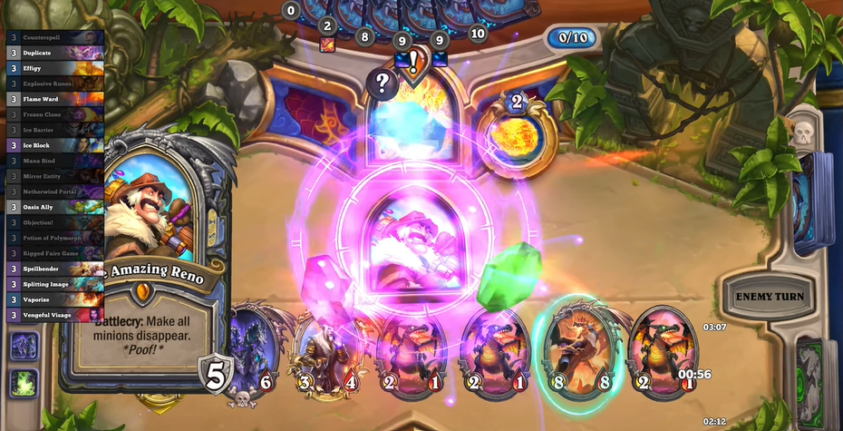 Hearthstone game displaying a battle in progress with one card on the battleground